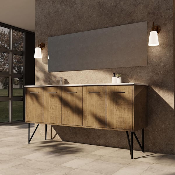 Lancy 72 in W x 20 in D Rustic Acacia Double Bath Vanity, White Quartz Top and 70 in Mirror