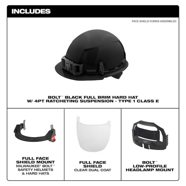 BOLT Black Type 1 Class E Full Brim Non Vented Hard Hat with 4 Point Ratcheting Suspension W/BOLT Clear Full Facesheild