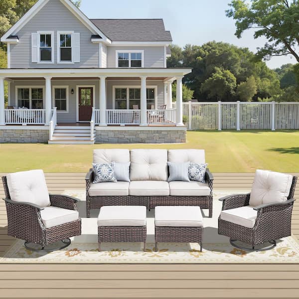 Nyajiah 5-Piece Wicker Patio Conversation Set with Beige Cushions, a 3-Seat Sofa, 2 Swivel Chairs, 2 Ottomans