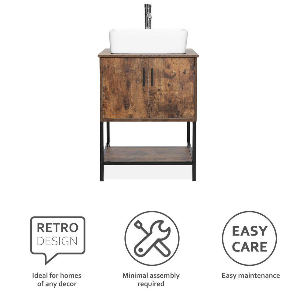 24" Rustic Brown MDF Freestanding Vanity with White Ceramic Sink