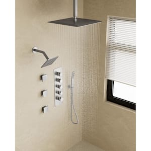 Thermostatic Valve 15-Spray 16 in. x 6 in. Ceiling Mount Dual Shower Head and Handheld Shower 2.5 GPM in Brushed Nickel