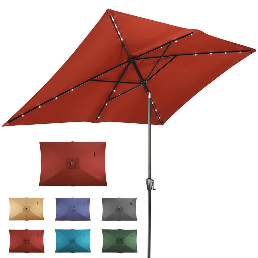 Burgundy Rectangular Solar LED Patio Umbrella with Steel Frame