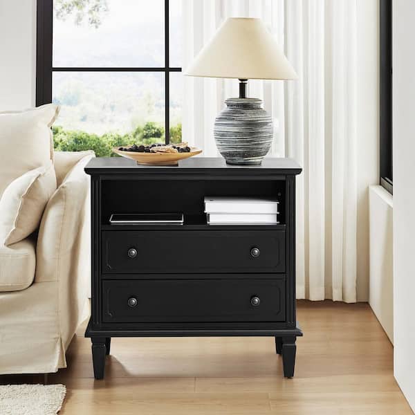 Juiien Traditional Farmhouse Solid Wood 2-Drawers Storage Nightstand with Charging Station and Adjustable Legs-Black