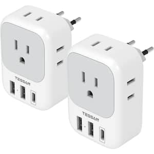 3 Amp European Travel Plug Adapter with 4-Outlets - 3-USB Charger (1-USB C Port) in White (2-Pack)