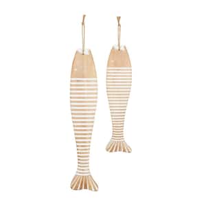 Wood Brown Fish Wall Art Decor with White Stripes and Hanging Rope (Set of 2)