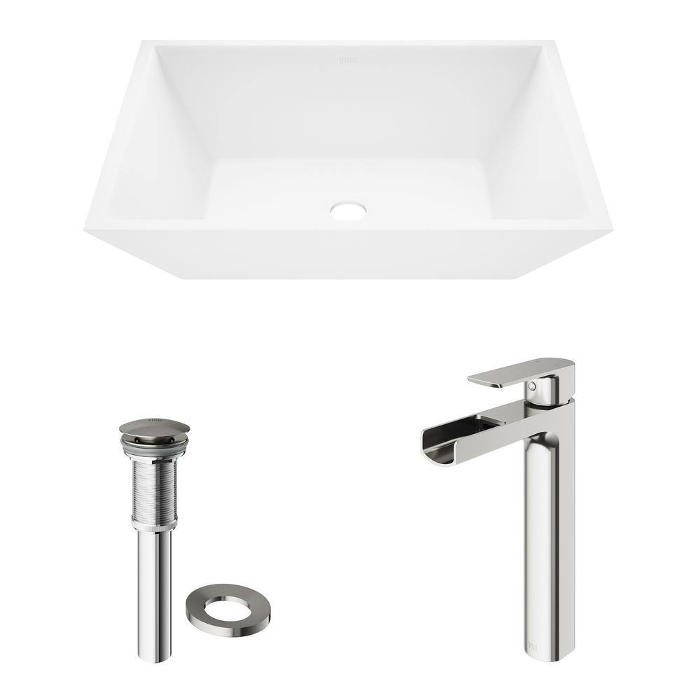 White Matte Stone Rectangular Vessel Sink with Brushed Nickel Faucet