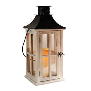 Lantern 7 in. x 17 in. Wooden White Washed Lantern Black Roof with LED Candle