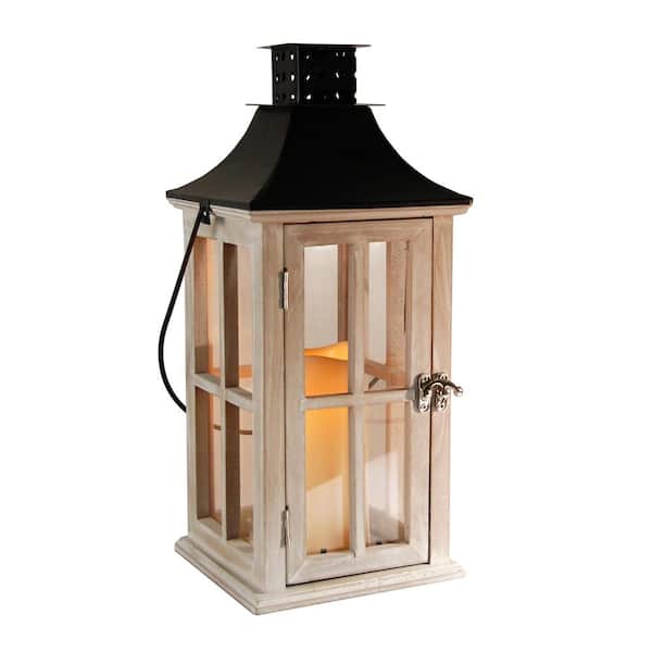 LUMABASE Lantern 7 in. x 17 in. Wooden White Washed Lantern Black Roof with LED Candle