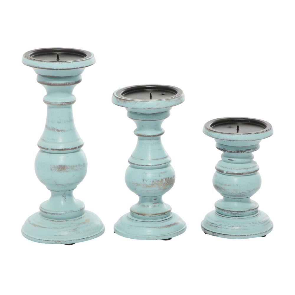 Light Blue Mango Wood Pillar Candle Holder Set, 6", 8", 10"
