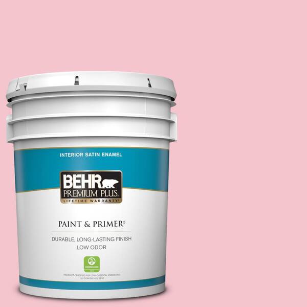 BEHR PREMIUM PLUS 5 gal. #P150-2 Energetic Pink Satin Enamel Low Odor Interior Paint & Primer