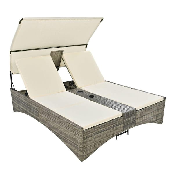 ITOPFOX Cream Adjustable Backrest Plastic Rattan Outdoor Lounge Chair with Water Resistant Cushions and Extra Box Storage Space