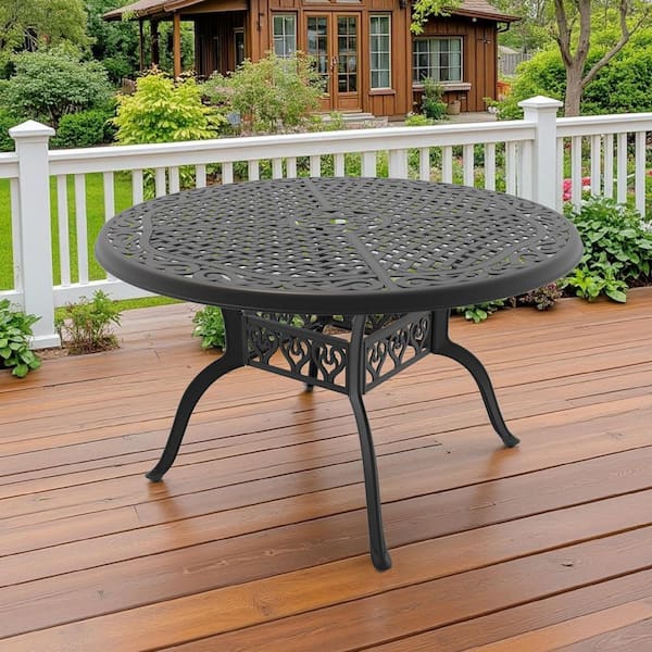 48.03. in. Cast Aluminum Round Outdoor Patio Dining Table with Umbrella Hole