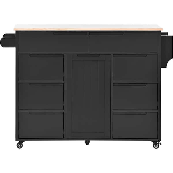 OLUMAT Black Rubber Wood 53 in. Kitchen Island with Storage Cabinet and 3-Drawers
