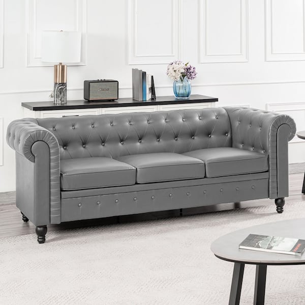 88.58 in. W Round Arm Faux Leather Chesterfield Sofa, Tufted 3-Seat Cushions Rectangle Sofa in. Gray PU