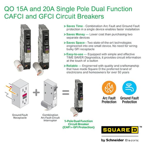 Square D QO115DFC Dual Function CAFI & GFCI Circuit Breaker Single Pole 15 Amp 