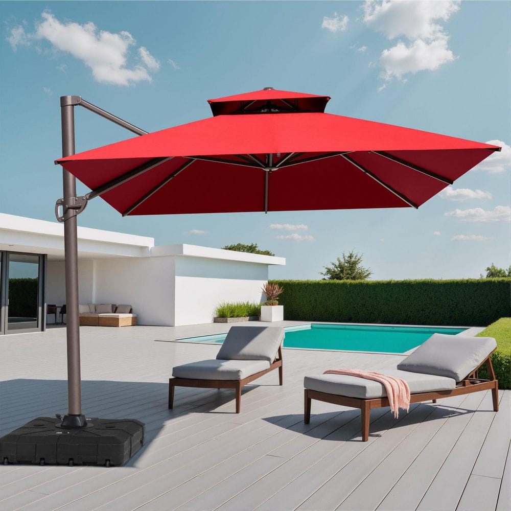 10 foot patio umbrella 10ft Cantilever with Solar Light & Rotation, Black BRAND_Shoei 5-Piece Outdoor Patio Dining Colour:Blue Tartan Featuring a convenient manual