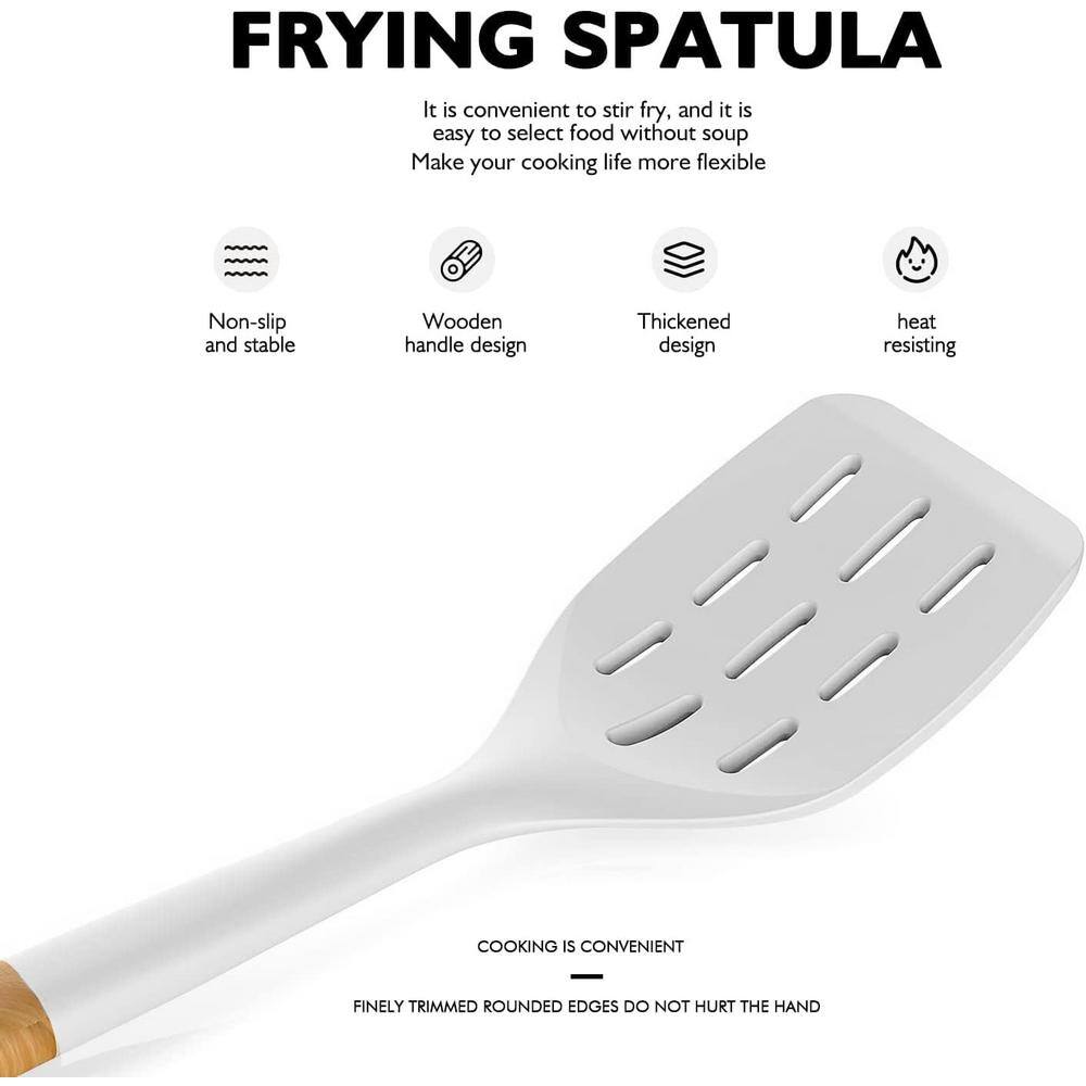 Cream White Silicone Cooking Utensils Set with Wooden Handles