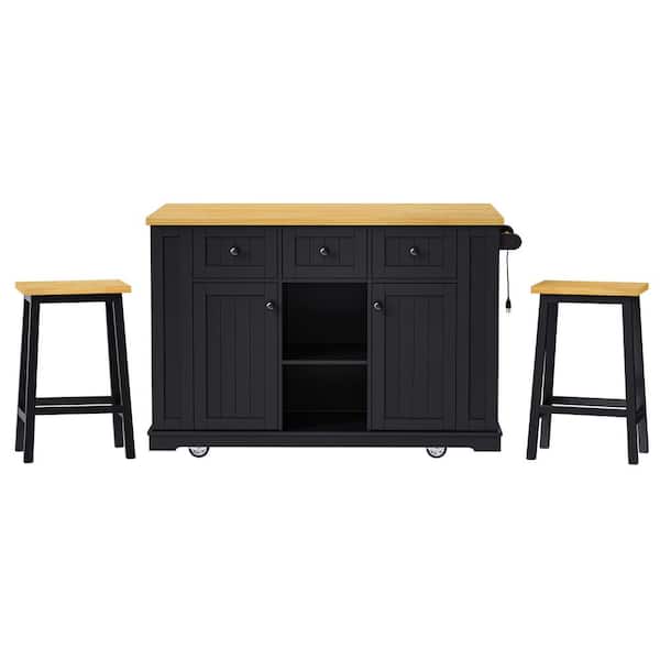 Boosicavelly 53 in. Black Wood Kitchen Cart with Cabinets and 3 Drawers