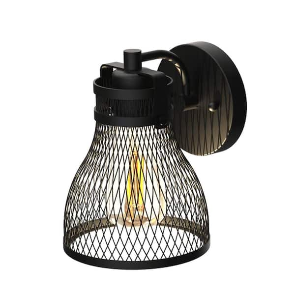 KODA Carnegie 8.2 in. 7-Watt 1-Light Black Industrial Wall Sconce with Woven Mesh Shade, Bulb Included