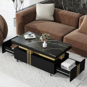 39.3 in. Black Rectangle Faux Marble Coffee Table with 2-Drawer, Caster Wheels and Gold Metal Bars