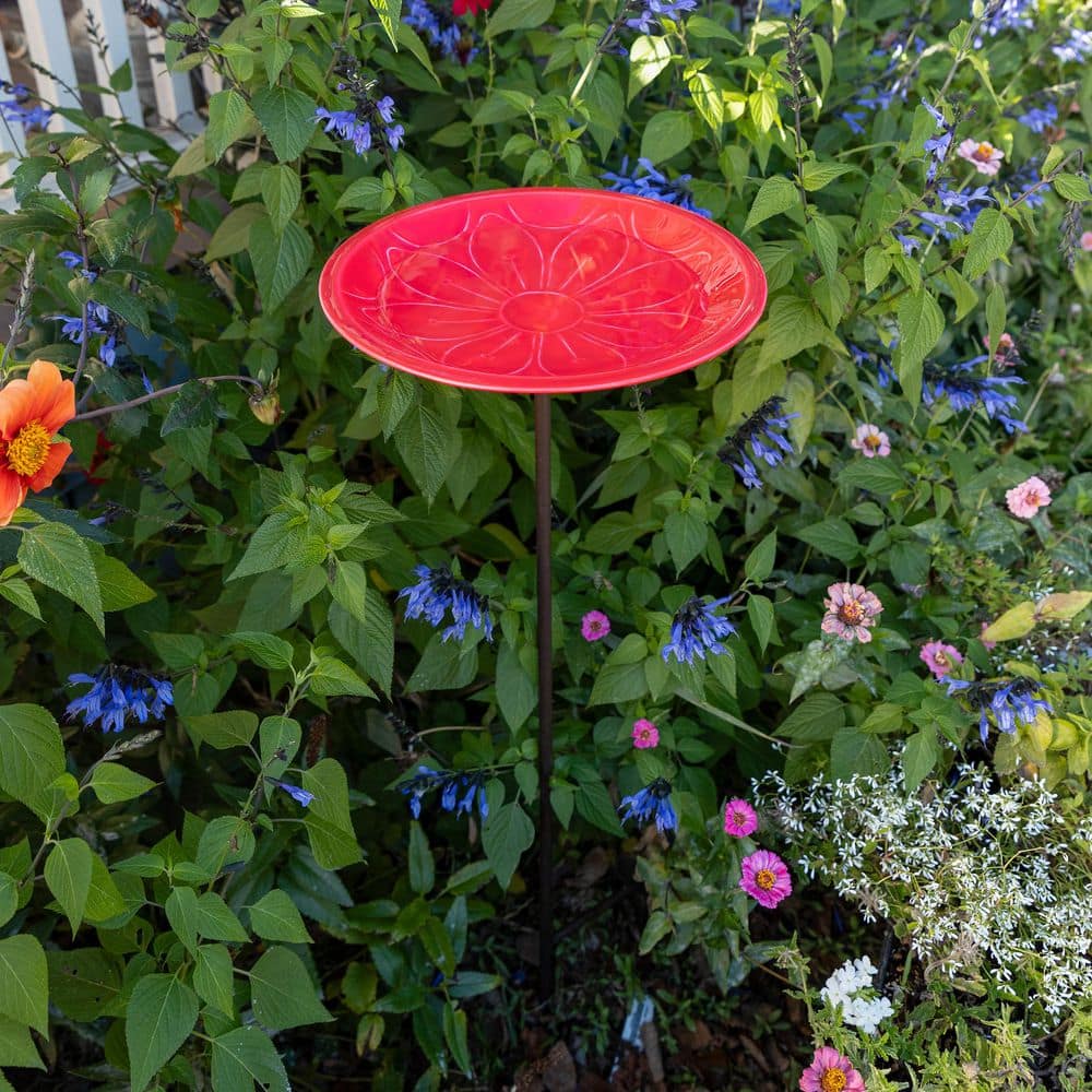Petunia Red Glass Enamel Birdbath with Solid Brass Stake