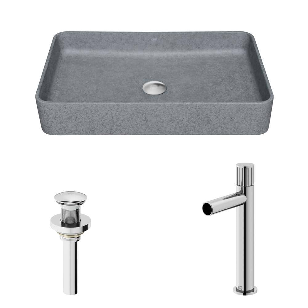 Ashford Gray Concrete Rectangular Vessel Sink with Chrome Faucet