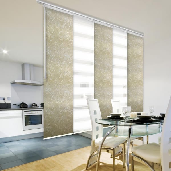 EMOH Sandswept Gleam 58 in. - 110 in. W x 94 in. L Adjustable 5- Panel White Single Rail Panel Track with 23.5 in. Slates