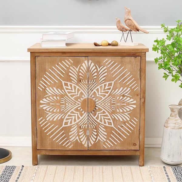 LuxenHome Floral Storage Natural Wood White Accent Cabinet