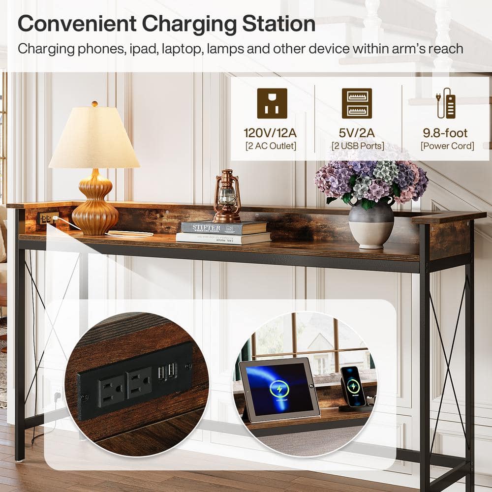 Brown Wood and Metal Console Table with Charging Ports, 70.9 inch