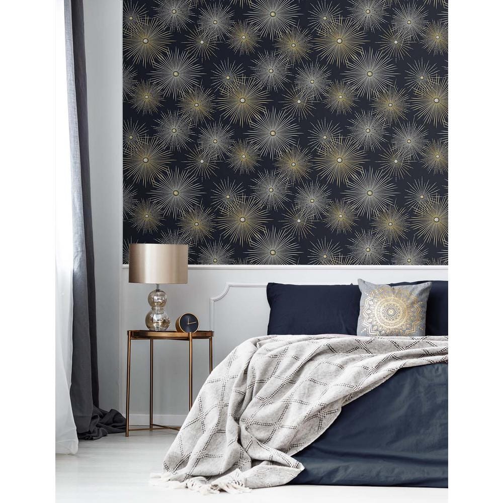 Midnight Blue and Gold Starburst Peel and Stick Wallpaper