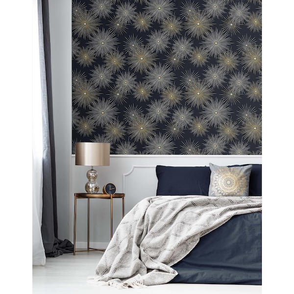 30.75 sq. ft. Midnight and Gold Starburst Geo Vinyl Peel and Stick Wallpaper Roll