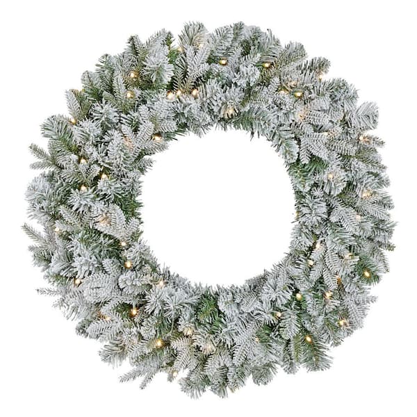 Home Accents Holiday 30 in Starry Light Battery Operated Flocked Frasier Fir LED Pre-Lit Artificial Wreath with Timer