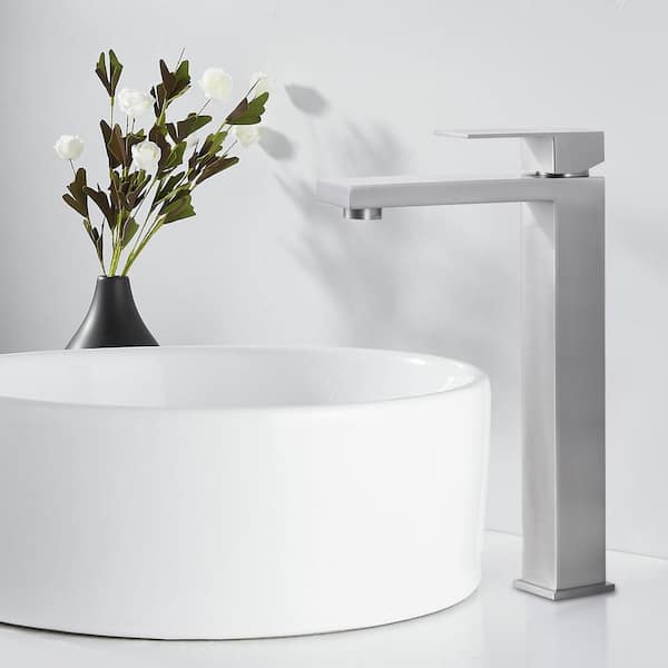 Single Handle Single Hole High Arc Bathroom Faucet with Supply Line Included in Brushed Nickel