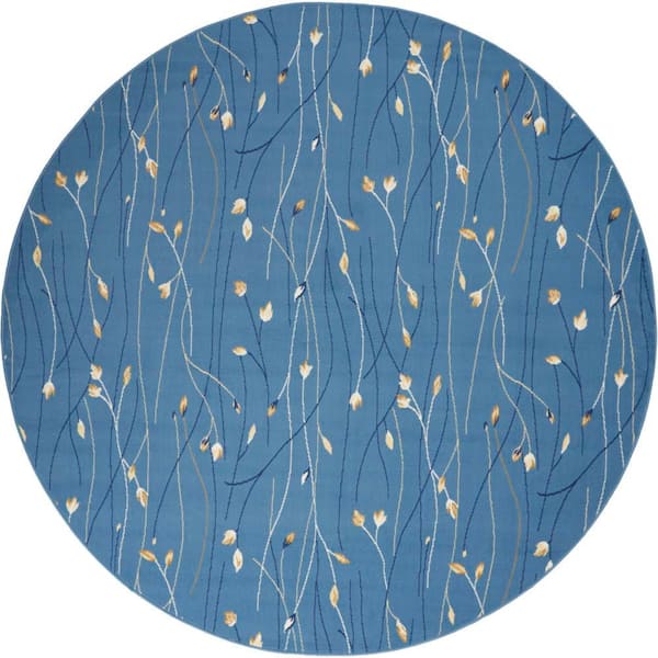 Nourison Grafix Light Blue 8 ft. x 8 ft. Floral Contemporary Round Rug