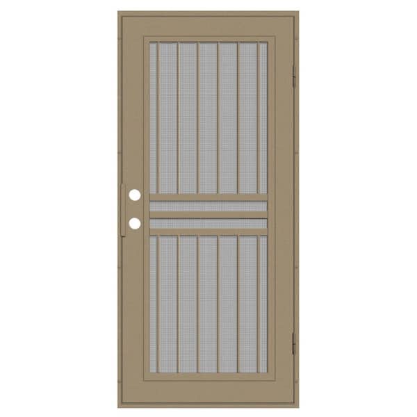 Unique Home Designs Plain Bar 36 in. x 80 in. Left Hand/Outswing Desert Sand Aluminum Security Door with Charcoal Insect Screen