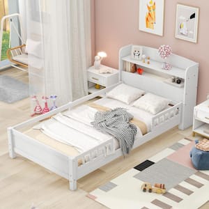 White Wood Frame Twin Size Platform Bed with Built-in LED Light, Storage Headboard and Guardrail