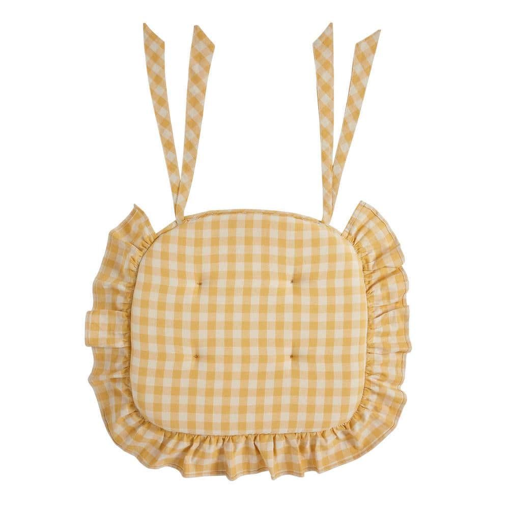 Vintage Yellow and White Checkered Cotton Ruffled Chair Pad