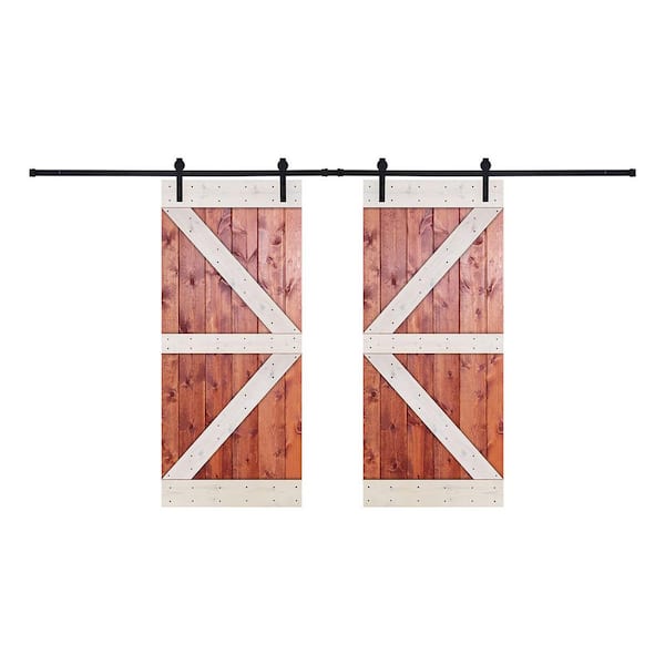 Akicon 76 in. x 84 in. 12-Panel Contrast Honey White Color DK Series Paneled Wood Double Barn Door with Hardware Kit - HW Color