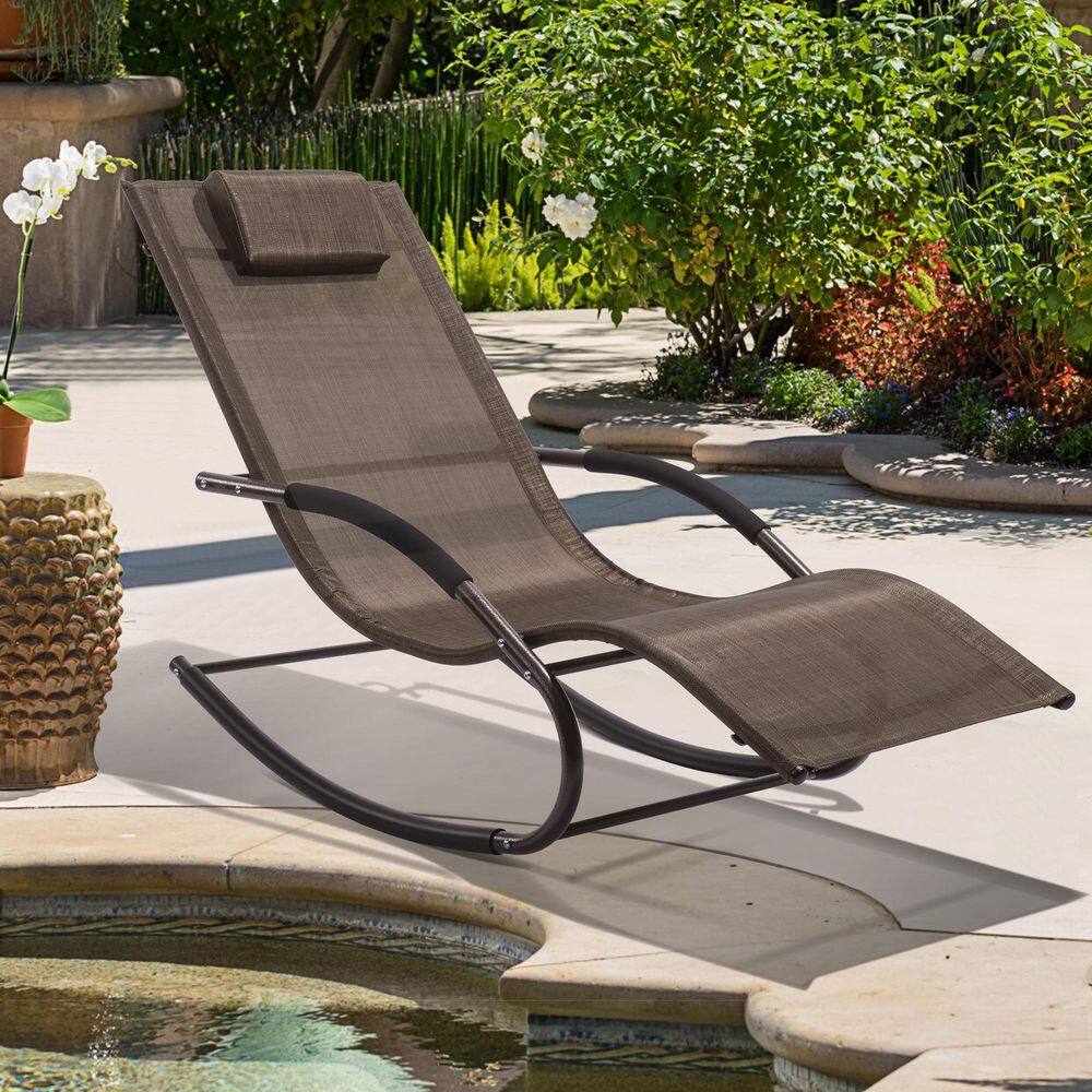 Brown Steel Frame Chaise Lounge with Cushions and Arms, Set of 2