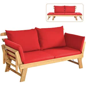 Wood Folding Outdoor Day Bed Patio Acacia Wood Convertible Couch Sofa Bed with Red Cushions