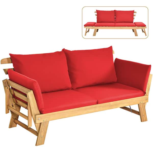 HONEY JOY Wood Folding Outdoor Day Bed Patio Acacia Wood Convertible Couch Sofa Bed with Red Cushions