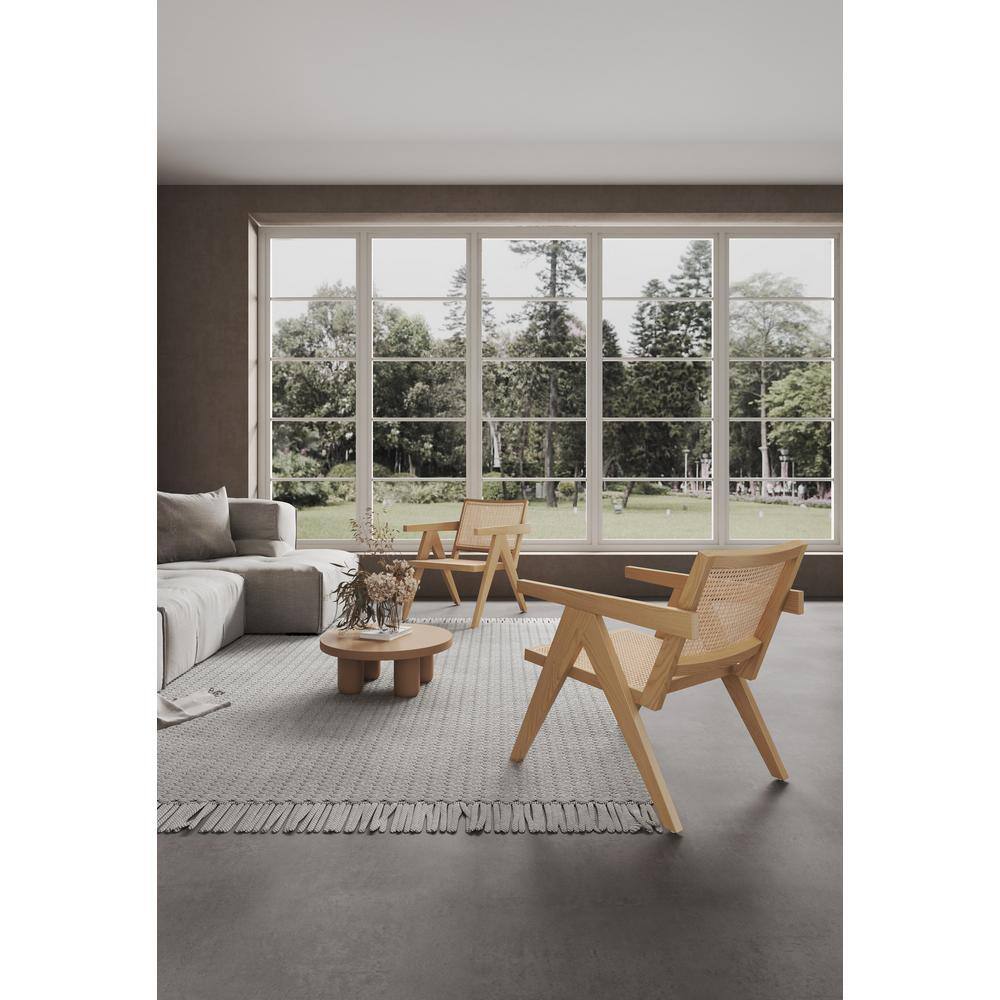 Set of 2 Natural Wood and Cane Accent Chairs