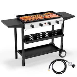 4 Burner Propane Grill 40000 BTU Flat Top Griddle with Auto-Ignition, Enameled Plate & Regulator for Outdoor Camping BBQ