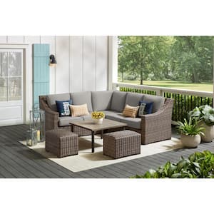 Rock Cliff 6-Piece Brown Wicker Outdoor Patio Sectional Sofa Set with Ottoman and CushionGuard Stone Gray Cushions
