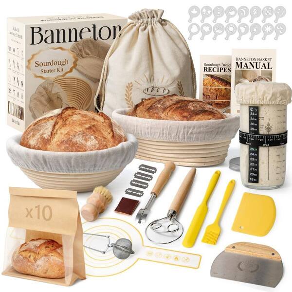 Sourdough Starter Kit, 9 in. Round and 10 in. Oval Banneton Bread Proofing Baskets Set with Jar