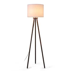 Flick 61 in. Walnut Tripod 1-Light Floor Lamp with Solid wood Body and White Fabric Drum Shade