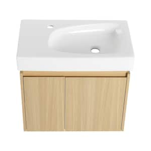 24 in. W Floating Single Sink Oak Bath Vanity with White Resin Top