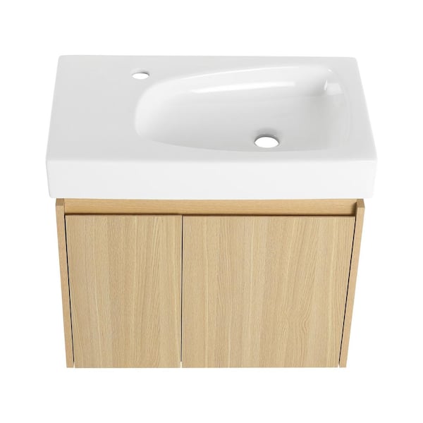 FORCLOVER 24 in. W Floating Single Sink Oak Bath Vanity with White Ceramic Top