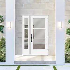 Legacy 53 in. W. x 80 in. Icon 3 Lite Modern Clear Glass LHOS Primed Fiberglass Prehung Front Door with14 in. SL