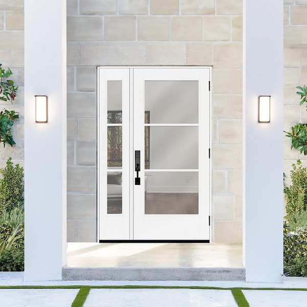 Legacy 53 in. W. x 80 in. Icon 3 Lite Modern Clear Glass LHOS Primed Fiberglass Prehung Front Door with14 in. SL